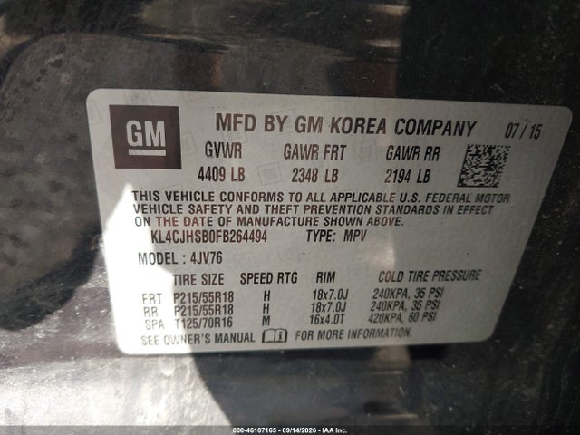 46107165 :رقم المزاد ، KL4CJHSB0FB264494 vin ، 2015 Buick Encore Premium مزاد بيع