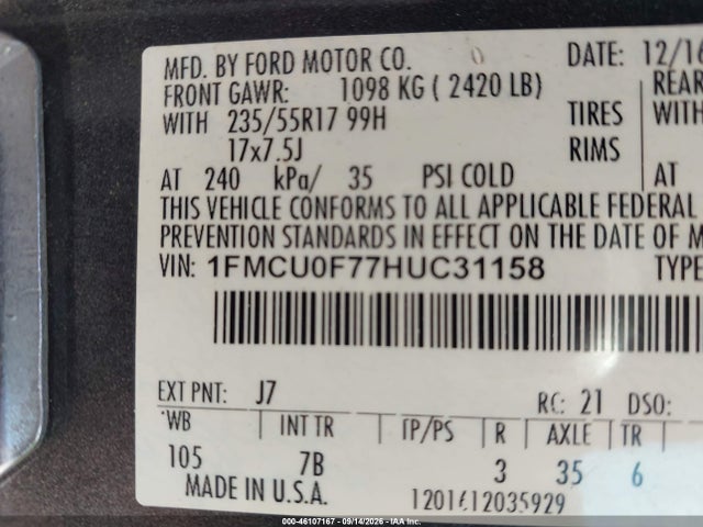 Продаж на аукціоні авто 2017 Ford Escape S, vin: 1FMCU0F77HUC31158, номер лоту: 46107167