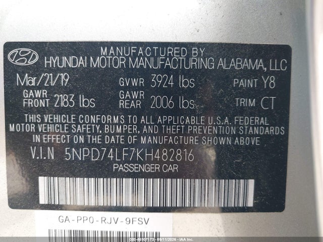 Продажа на аукционе авто 2019 Hyundai Elantra Se, vin: 5NPD74LF7KH482816, номер лота: 46107173