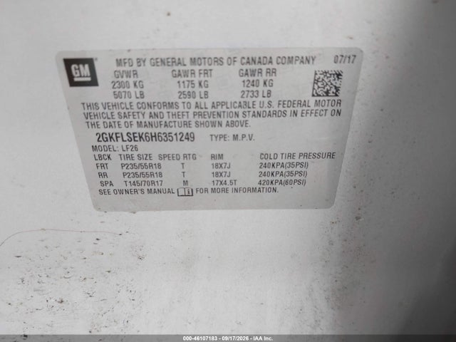 Aukcja sprzedaży 2017 Gmc Terrain Sle-1, vin: 2GKFLSEK6H6351249, numer aukcji: 46107183
