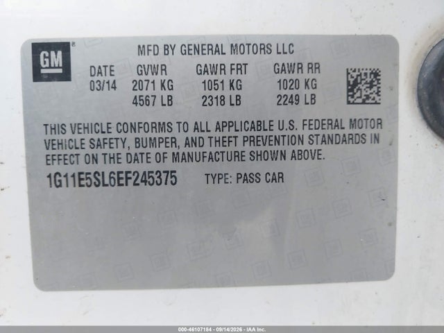2014 Chevrolet Malibu 2lt მანქანა იყიდება აუქციონზე, vin: 1G11E5SL6EF245375, აუქციონის ნომერი: 46107184