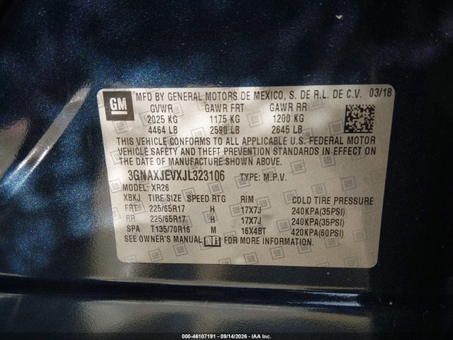 Aukcja sprzedaży 2018 Chevrolet Equinox Lt, vin: 3GNAXJEVXJL323106, numer aukcji: 46107191