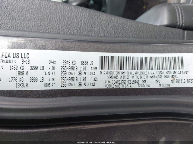 Продаж на аукціоні авто 2017 Dodge Durango Sxt Awd, vin: 1C4RDJAG1HC619441, номер лоту: 46107198