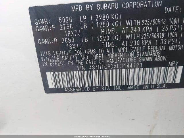 Продажа на аукционе авто 2020 Subaru Outback Touring Xt, vin: 4S4BTGPDXL3144123, номер лота: 46107202