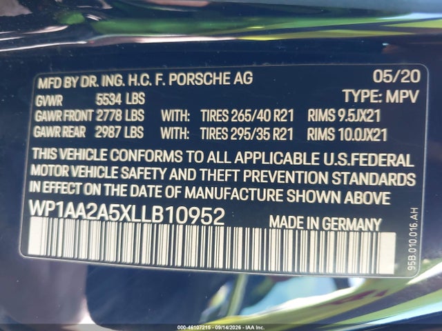 Продаж на аукціоні авто 2020 Porsche Macan, vin: WP1AA2A5XLLB10952, номер лоту: 46107215