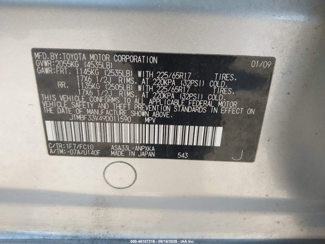 Продаж на аукціоні авто 2009 Toyota Rav4, vin: JTMBF33V49D011590, номер лоту: 46107216