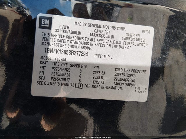 Продажа на аукционе авто 2008 Chevrolet Tahoe Ltz, vin: 1GNFK13058R277294, номер лота: 46107227