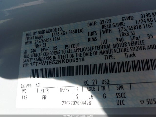 46107241 :رقم المزاد ، 1FTFW1E52NKD06518 vin ، 2022 Ford F-150 Xlt مزاد بيع
