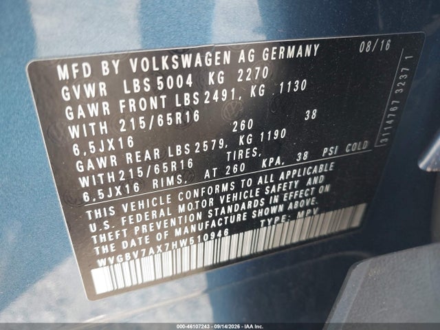 Aukcja sprzedaży 2017 Volkswagen Tiguan 2.0t S, vin: WVGBV7AX7HW510946, numer aukcji: 46107243