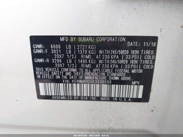 46107244 :رقم المزاد ، 4S4WMARD5K3438598 vin ، 2019 Subaru Ascent Touring مزاد بيع