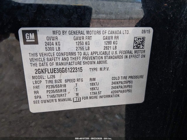 Aukcja sprzedaży 2016 Gmc Terrain Slt, vin: 2GKFLUE36G6122315, numer aukcji: 46107255