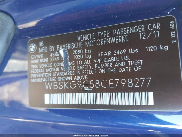 Aukcja sprzedaży 2012 Bmw M3, vin: WBSKG9C58CE798277, numer aukcji: 46107264