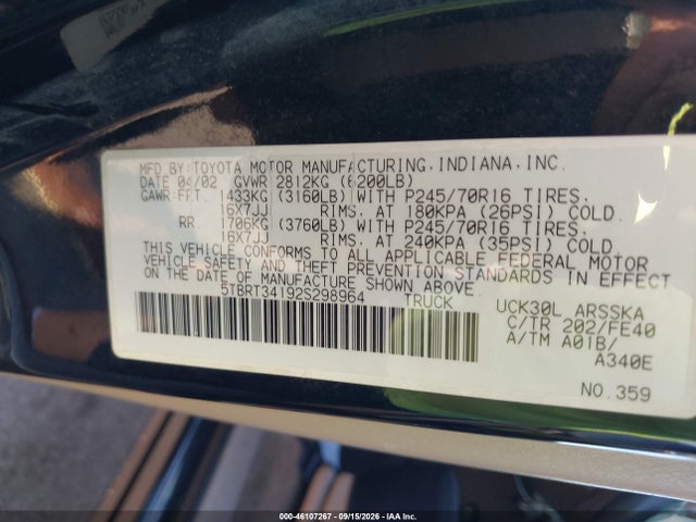 2002 Toyota Tundra Sr5 V8 მანქანა იყიდება აუქციონზე, vin: 5TBRT34192S298964, აუქციონის ნომერი: 46107267