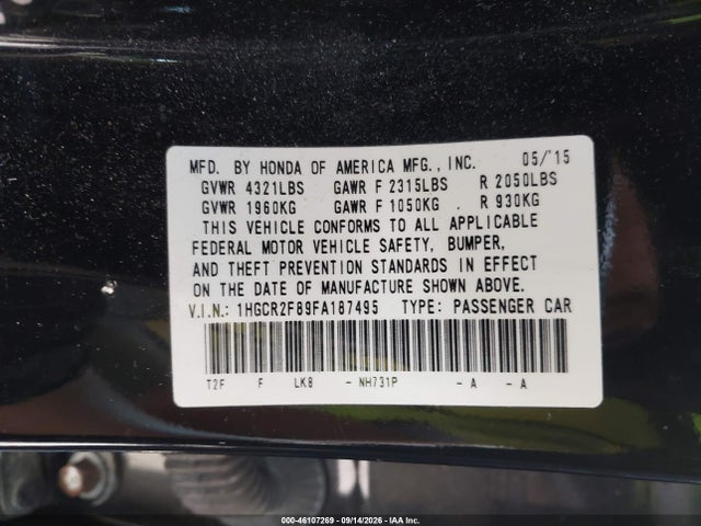 Продаж на аукціоні авто 2015 Honda Accord Ex-l, vin: 1HGCR2F89FA187495, номер лоту: 46107269