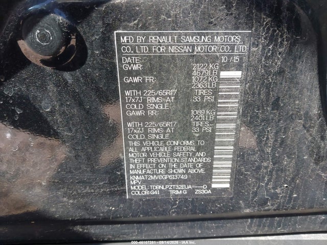 46107281 :رقم المزاد ، KNMAT2MV0GP613749 vin ، 2016 Nissan Rogue S مزاد بيع
