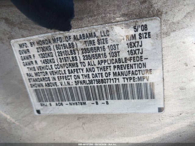 Aukcja sprzedaży 2008 Honda Odyssey Ex-l, vin: 5FNRL38758B077171, numer aukcji: 46107284