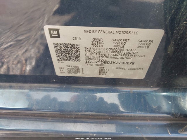 2019 Chevrolet Silverado 1500 Lt მანქანა იყიდება აუქციონზე, vin: 1GCRYDED3KZ293278, აუქციონის ნომერი: 46107286