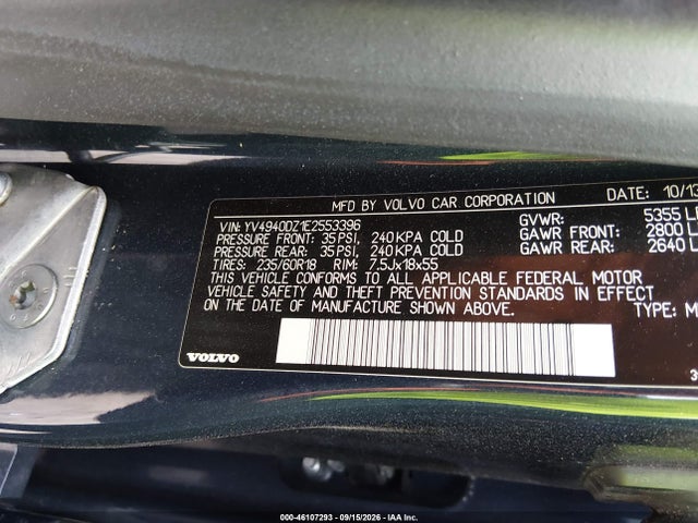 46107293 :رقم المزاد ، YV4940DZ1E2553396 vin ، 2014 Volvo Xc60 3.2 مزاد بيع