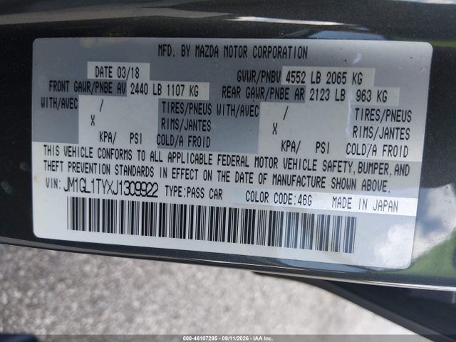 Продажа на аукционе авто 2018 Mazda Mazda6 Grand Touring, vin: JM1GL1TYXJ1309922, номер лота: 46107295