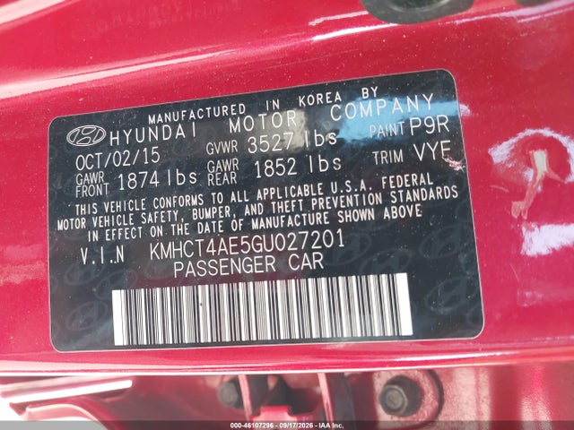 46107296 :رقم المزاد ، KMHCT4AE5GU027201 vin ، 2016 Hyundai Accent Se مزاد بيع