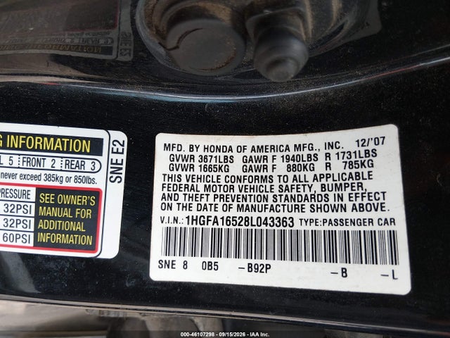 46107298 :رقم المزاد ، 1HGFA16528L043363 vin ، 2008 Honda Civic Lx مزاد بيع