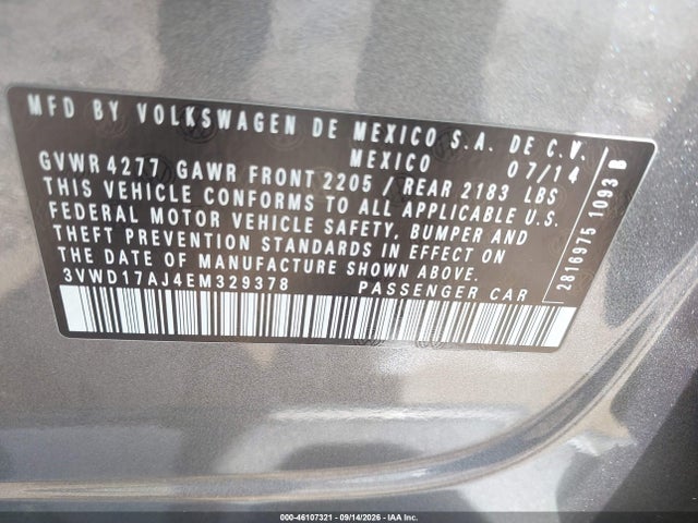 46107321 :رقم المزاد ، 3VWD17AJ4EM329378 vin ، 2014 Volkswagen Jetta 1.8t Se مزاد بيع