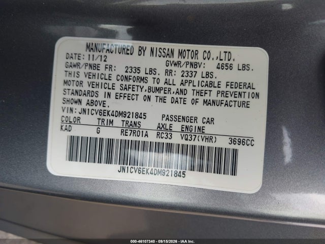 Aukcja sprzedaży 2013 Infiniti Ipl G, vin: JN1CV6EK4DM921845, numer aukcji: 46107340
