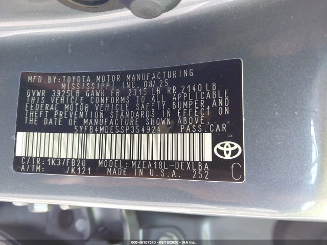 Aukcja sprzedaży 2025 Toyota Corolla Le, vin: 5YFB4MDE5SP354924, numer aukcji: 46107343