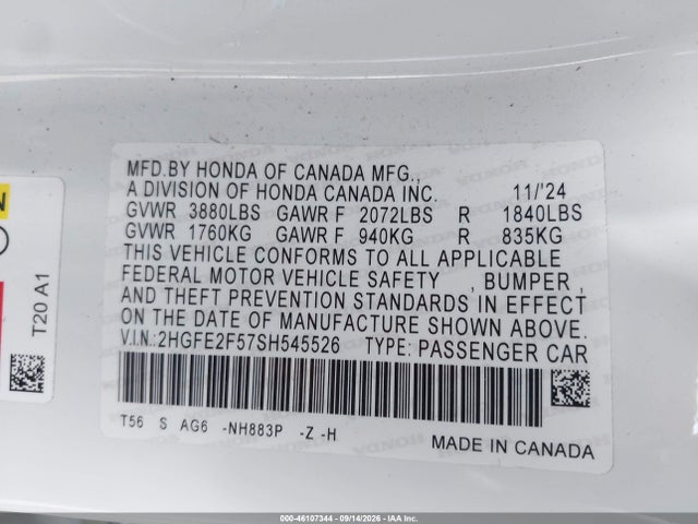 Продажа на аукционе авто 2025 Honda Civic Sport, vin: 2HGFE2F57SH545526, номер лота: 46107344