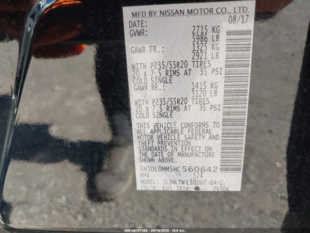 Продаж на аукціоні авто 2017 Infiniti Qx60, vin: 5N1DL0MM5HC560642, номер лоту: 46107360