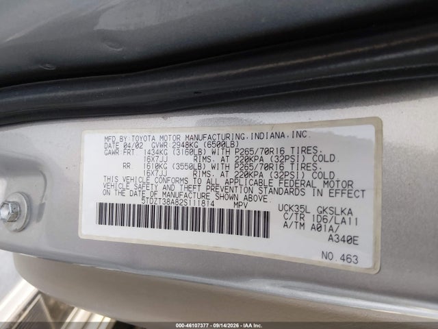 2002 Toyota Sequoia Limited V8 მანქანა იყიდება აუქციონზე, vin: 5TDZT38A82S111814, აუქციონის ნომერი: 46107377