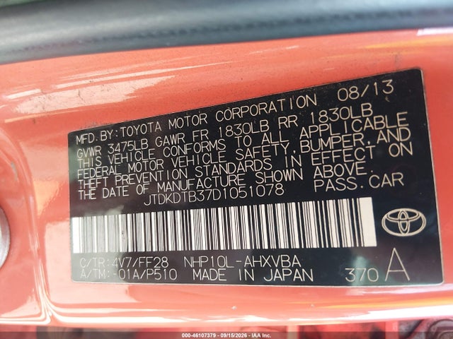Aukcja sprzedaży 2013 Toyota Prius C Two, vin: JTDKDTB37D1051078, numer aukcji: 46107379