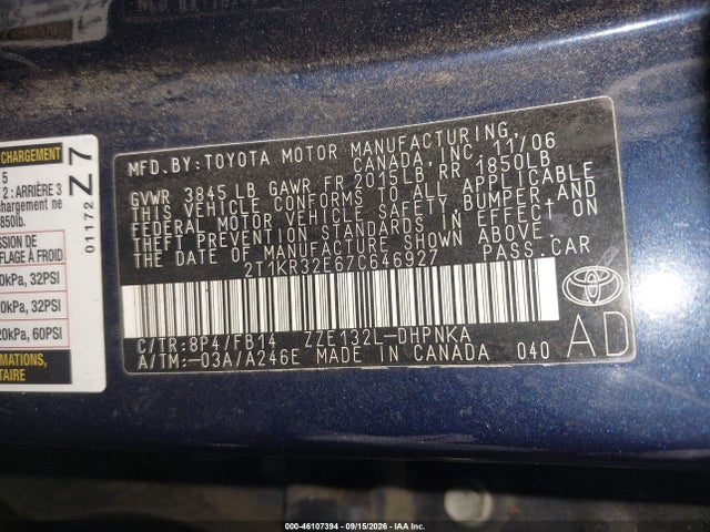 Aukcja sprzedaży 2007 Toyota Matrix Xr, vin: 2T1KR32E67C646927, numer aukcji: 46107394