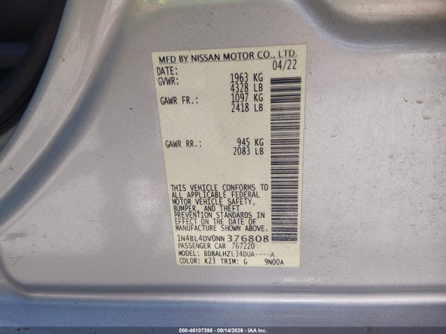 Продаж на аукціоні авто 2022 Nissan Altima Sv Fwd, vin: 1N4BL4DV0NN376808, номер лоту: 46107398