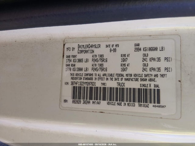 Продаж на аукціоні авто 2000 Dodge Ram 1500 St, vin: 3B7HF13Z2YM207631, номер лоту: 46107408