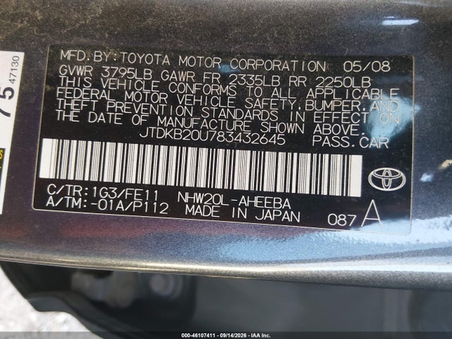 Aukcja sprzedaży 2008 Toyota Prius, vin: JTDKB20U783432645, numer aukcji: 46107411