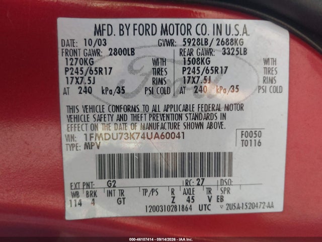 Продажа на аукционе авто 2004 Ford Explorer Nbx/xlt, vin: 1FMDU73K74UA60041, номер лота: 46107414