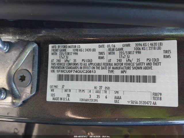 46107417 :رقم المزاد ، 1FMCU0F74GUC20813 vin ، 2016 Ford Escape S مزاد بيع