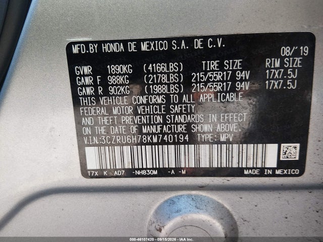 Aukcja sprzedaży 2019 Honda Hr-v Ex-l, vin: 3CZRU6H78KM740194, numer aukcji: 46107420