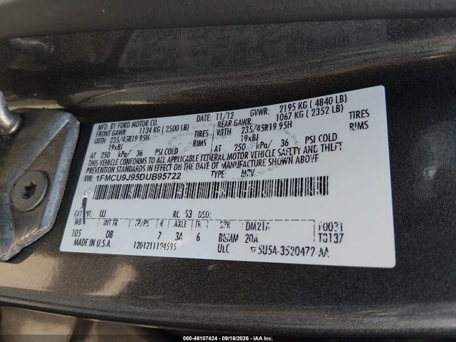 46107424 :رقم المزاد ، 1FMCU9J95DUB95722 vin ، 2013 Ford Escape Titanium مزاد بيع