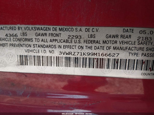 Продажа на аукционе авто 2009 Volkswagen Jetta Se, vin: 3VWRZ71K99M166627, номер лота: 46107436