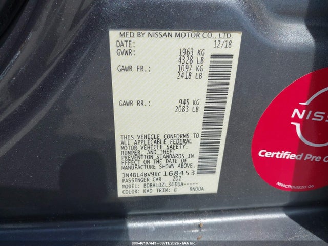 46107443 :رقم المزاد ، 1N4BL4BV9KC168453 vin ، 2019 Nissan Altima 2.5 S مزاد بيع