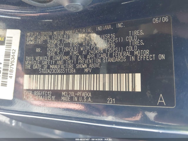 46107457 :رقم المزاد ، 5TDZA23C06S511364 vin ، 2006 Toyota Sienna Le مزاد بيع