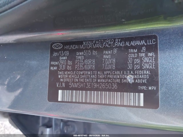 Auction sale of the 2009 Hyundai Santa Fe Limited, vin: 5NMSH13E19H265036, lot number: 46107463