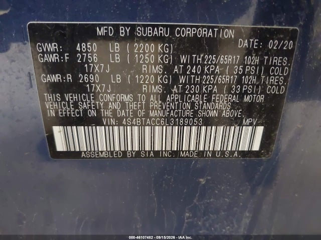 Продажа на аукционе авто 2020 Subaru Outback Premium, vin: 4S4BTACC6L3189053, номер лота: 46107482