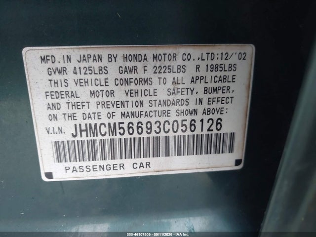 2003 Honda Accord 2.4 Ex მანქანა იყიდება აუქციონზე, vin: JHMCM56693C056126, აუქციონის ნომერი: 46107509