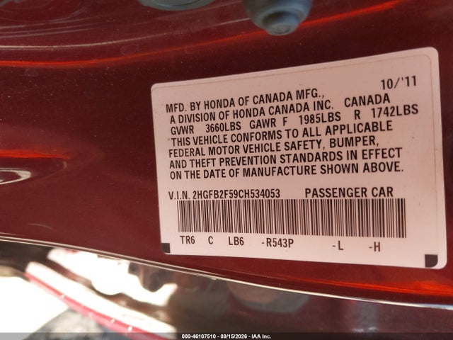Aukcja sprzedaży 2012 Honda Civic Lx, vin: 2HGFB2F59CH534053, numer aukcji: 46107510