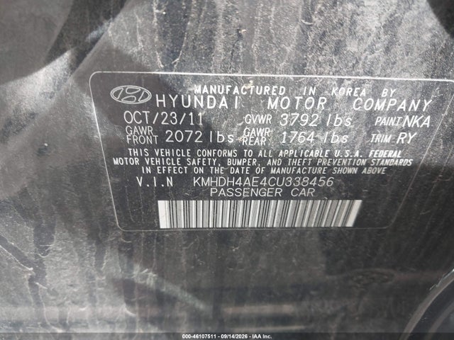Aukcja sprzedaży 2012 Hyundai Elantra Limited (ulsan Plant), vin: KMHDH4AE4CU338456, numer aukcji: 46107511