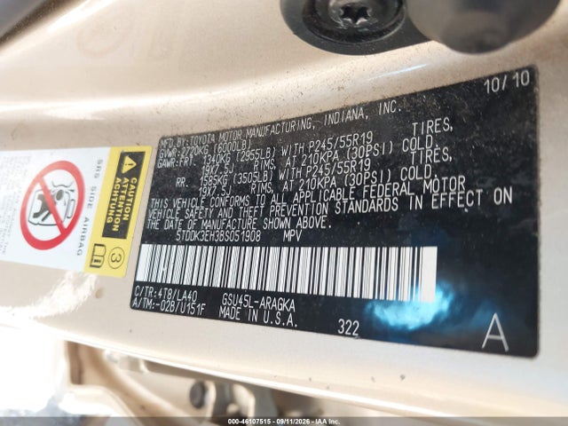 Продаж на аукціоні авто 2011 Toyota Highlander Limited V6, vin: 5TDDK3EH3BS051908, номер лоту: 46107515