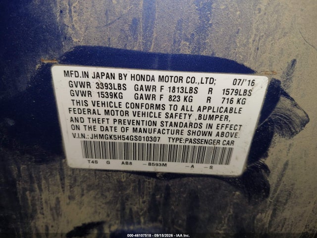 Продаж на аукціоні авто 2016 Honda Fit Lx, vin: JHMGK5H54GS010307, номер лоту: 46107518